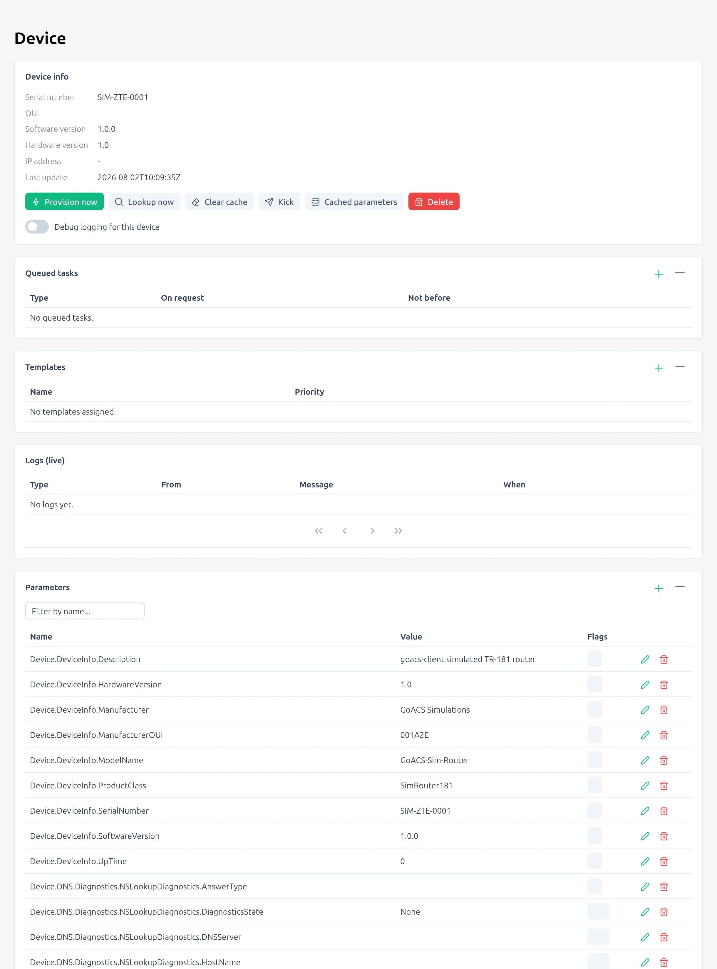 GoACS admin panel — device detail